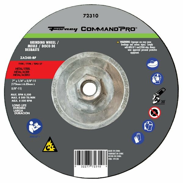 Forney Grinding Wheel, Metal, Type 27, 7 in x 1/4 in x 5/8 in-11 72310